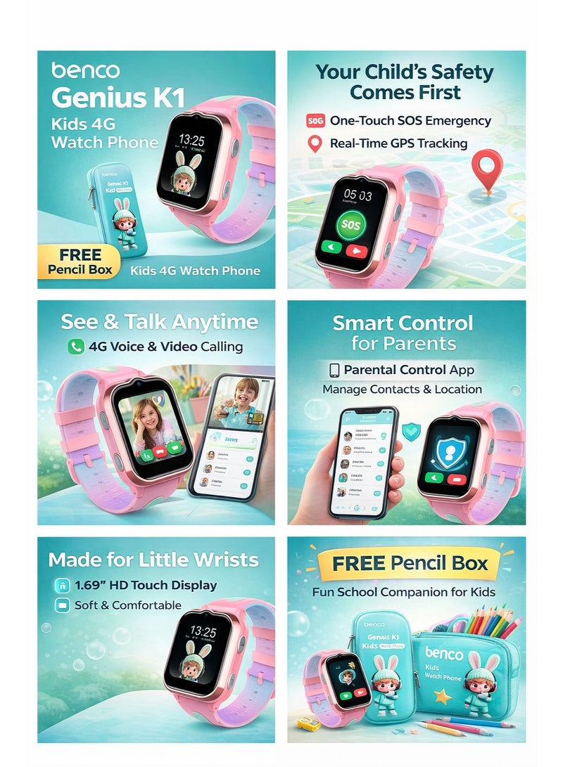 بينكو ساعة Genius K1 للأطفال مزودة بهاتف 4G ونظام تحديد المواقع العالمي (GPS) ومكالمات فيديو - علبة أقلام مجانية - لون وردي - إصدار الشرق الأوسط - Image 2